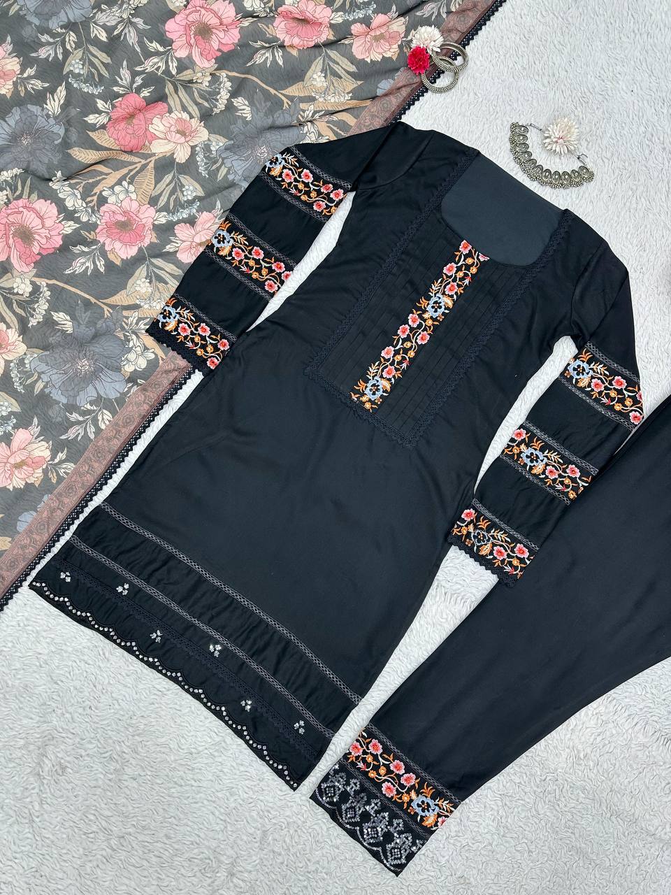 Graceful Black Color Maslin Sequence Thread Work Ready Made Salwar Suit