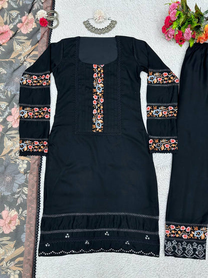 Graceful Black Color Maslin Sequence Thread Work Ready Made Salwar Suit