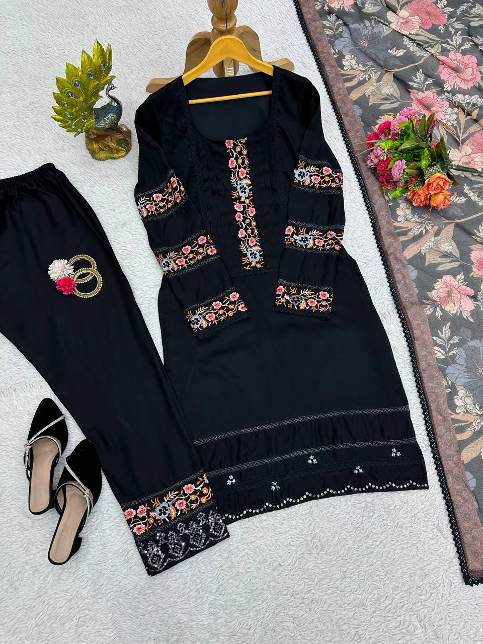 Graceful Black Color Maslin Sequence Thread Work Ready Made Salwar Suit