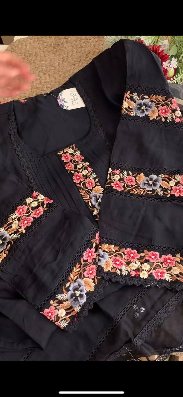 Graceful Black Color Maslin Sequence Thread Work Ready Made Salwar Suit