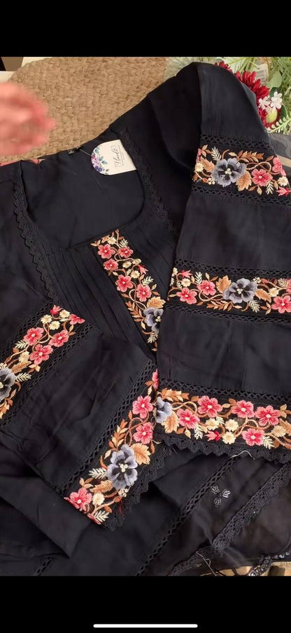 Graceful Black Color Maslin Sequence Thread Work Ready Made Salwar Suit