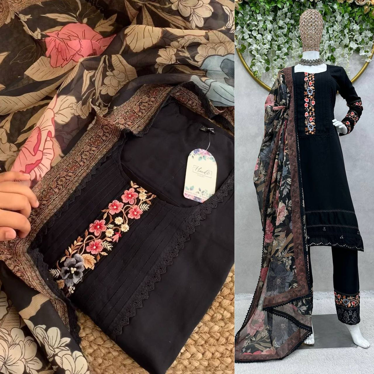 Graceful Black Color Maslin Sequence Thread Work Ready Made Salwar Suit