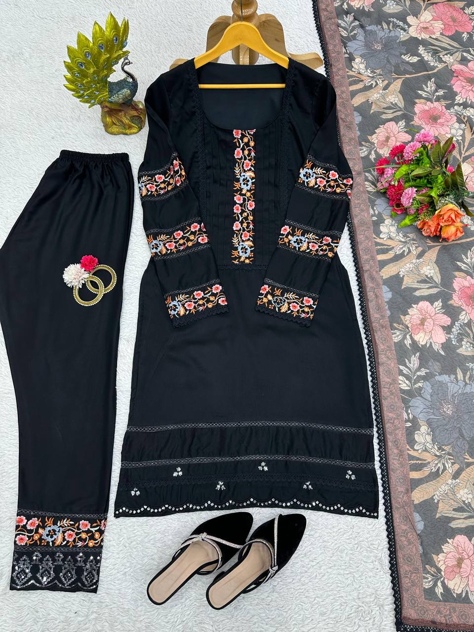 Graceful Black Color Maslin Sequence Thread Work Ready Made Salwar Suit