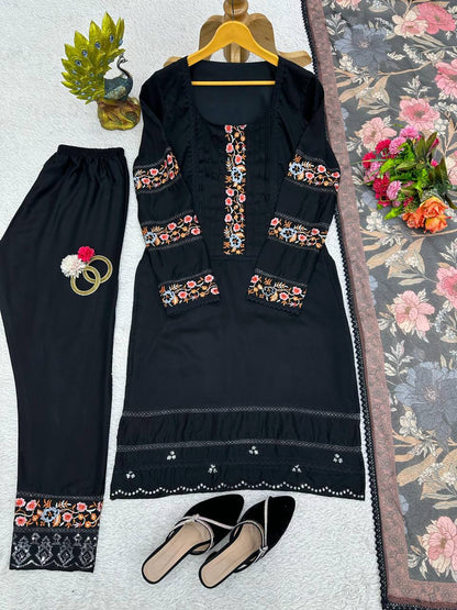 Graceful Black Color Maslin Sequence Thread Work Ready Made Salwar Suit