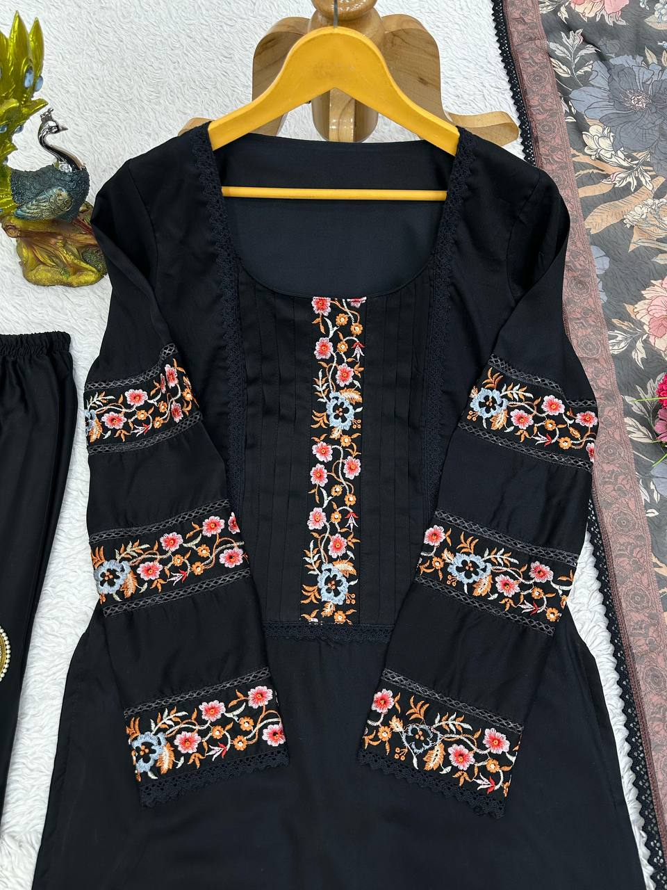 Graceful Black Color Maslin Sequence Thread Work Ready Made Salwar Suit