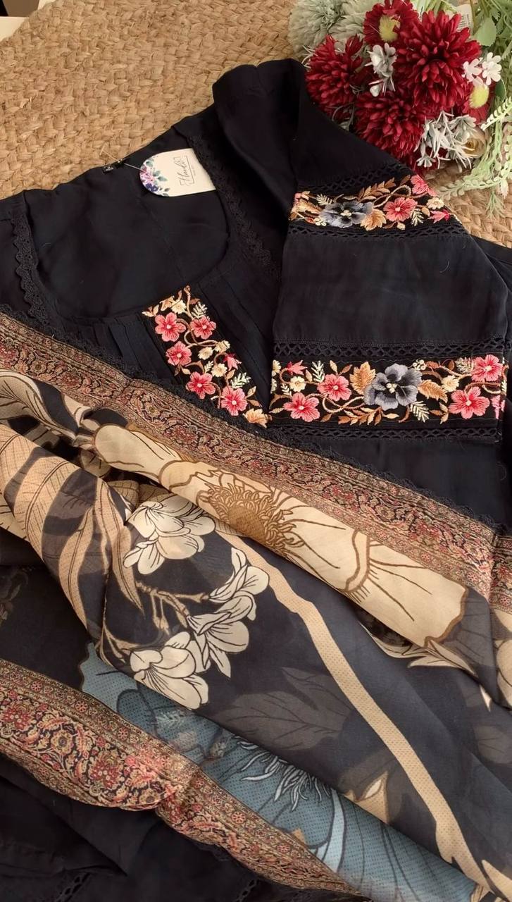 Graceful Black Color Maslin Sequence Thread Work Ready Made Salwar Suit