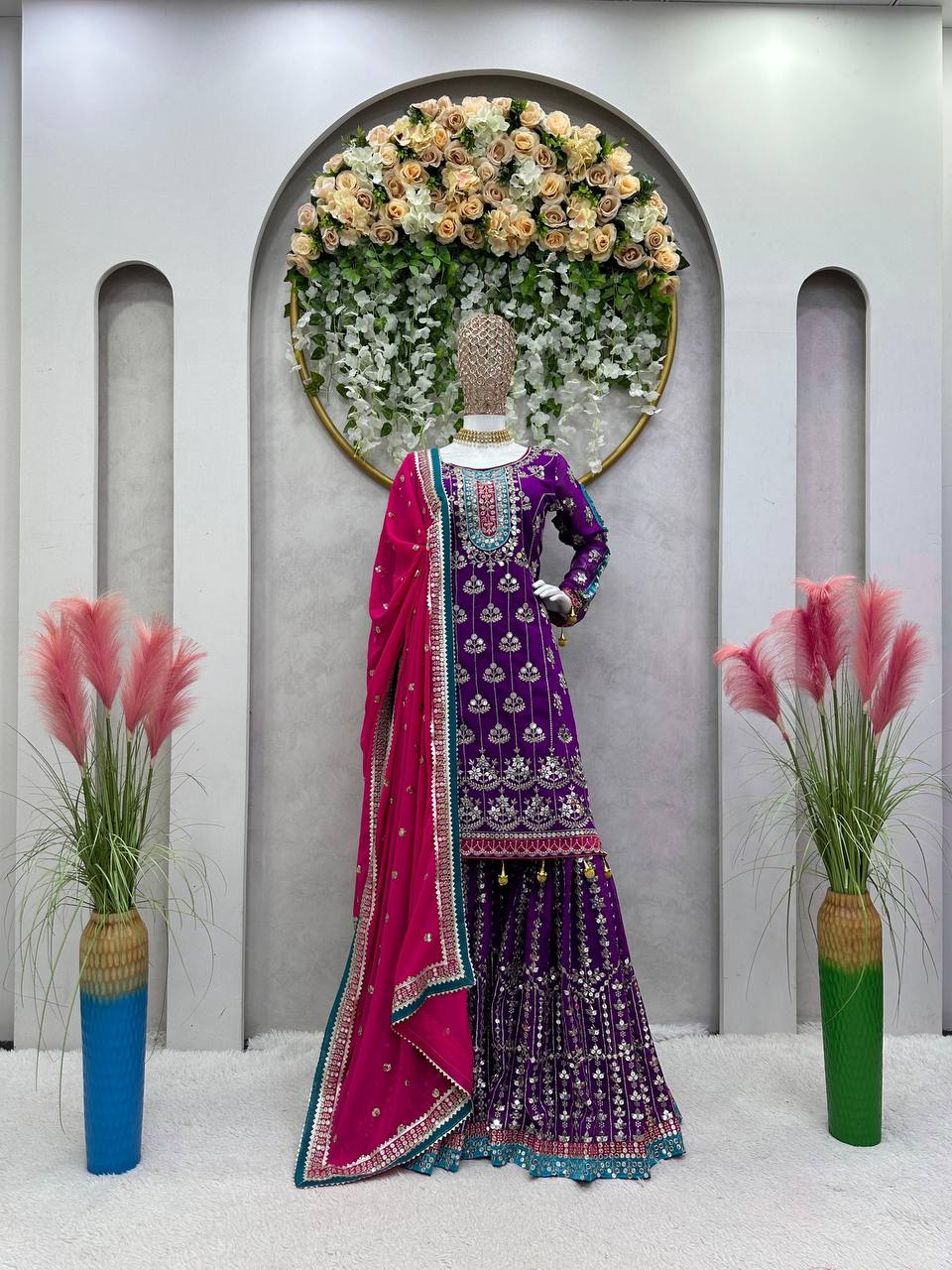 Wedding Wear Purple Color Thread Sequence Work Georgette Sharara Suit