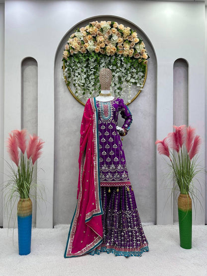Wedding Wear Purple Color Thread Sequence Work Georgette Sharara Suit