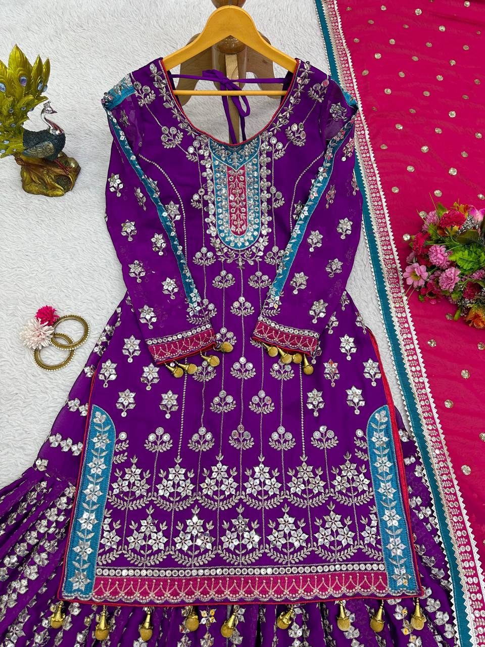 Wedding Wear Purple Color Thread Sequence Work Georgette Sharara Suit