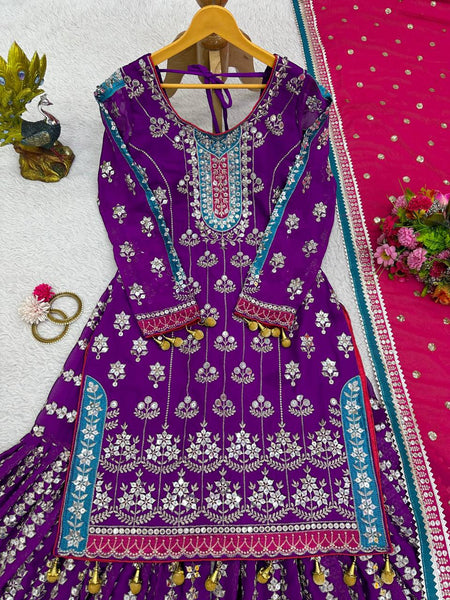 Wedding Wear Purple Color Thread Sequence Work Georgette Sharara Suit