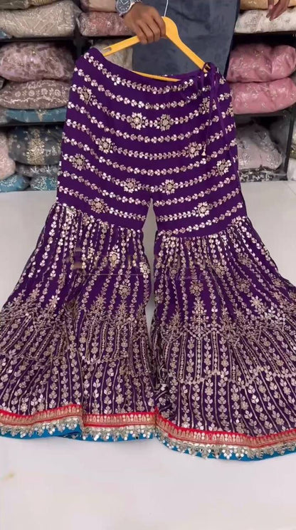 Wedding Wear Purple Color Thread Sequence Work Georgette Sharara Suit