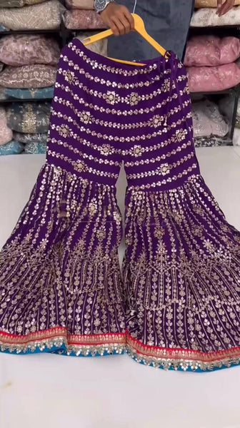 Wedding Wear Purple Color Thread Sequence Work Georgette Sharara Suit