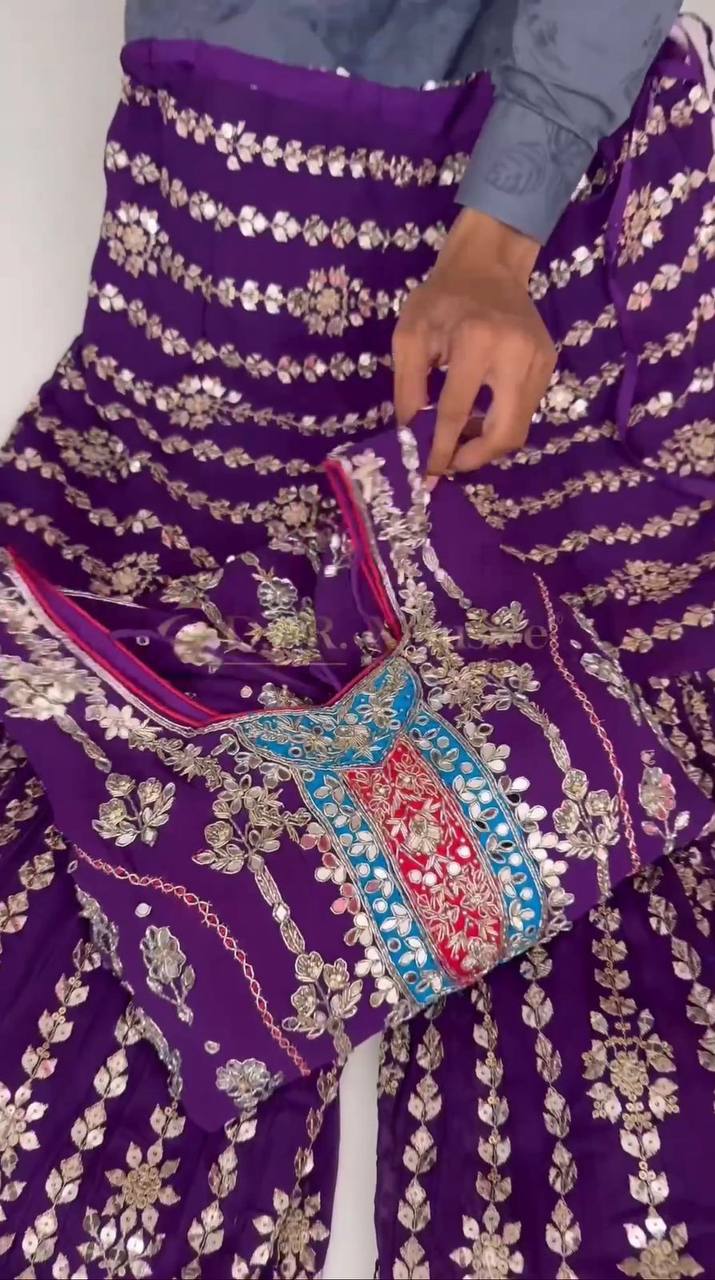Wedding Wear Purple Color Thread Sequence Work Georgette Sharara Suit