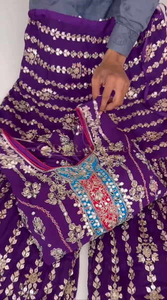 Wedding Wear Purple Color Thread Sequence Work Georgette Sharara Suit