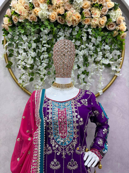 Wedding Wear Purple Color Thread Sequence Work Georgette Sharara Suit