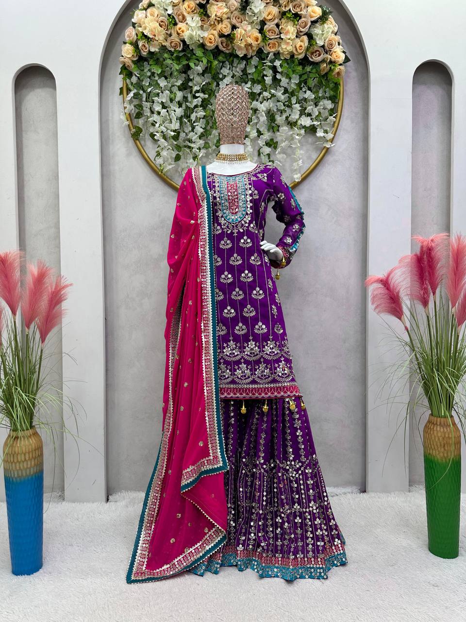Wedding Wear Purple Color Thread Sequence Work Georgette Sharara Suit