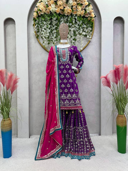 Wedding Wear Purple Color Thread Sequence Work Georgette Sharara Suit