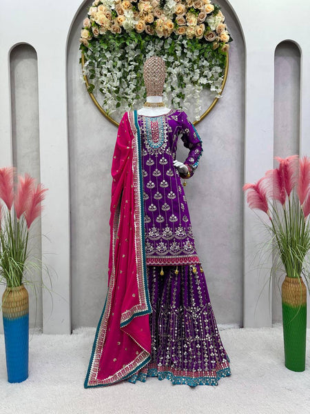 Wedding Wear Purple Color Thread Sequence Work Georgette Sharara Suit