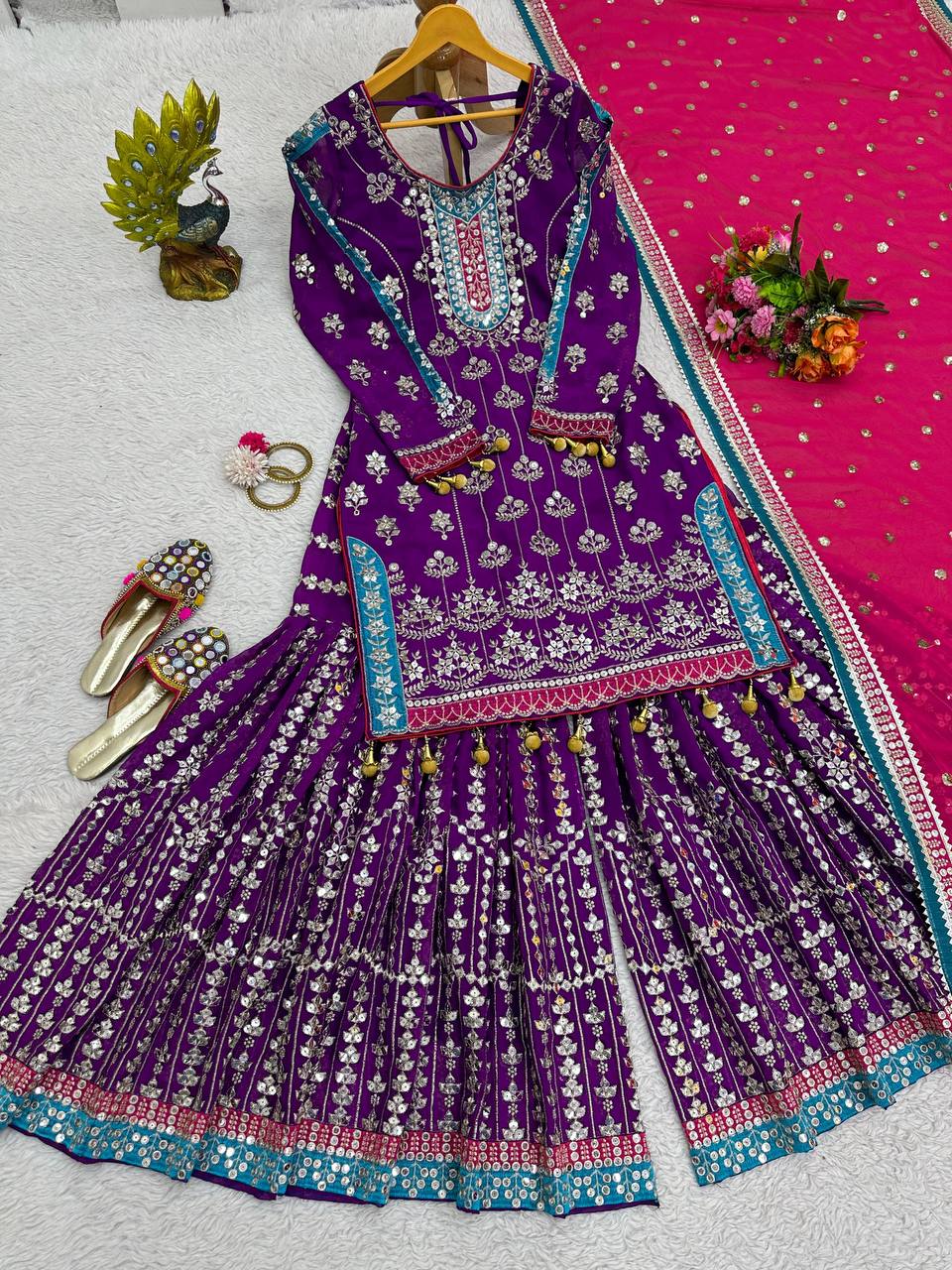 Wedding Wear Purple Color Thread Sequence Work Georgette Sharara Suit