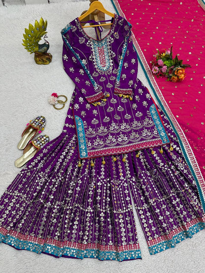 Wedding Wear Purple Color Thread Sequence Work Georgette Sharara Suit