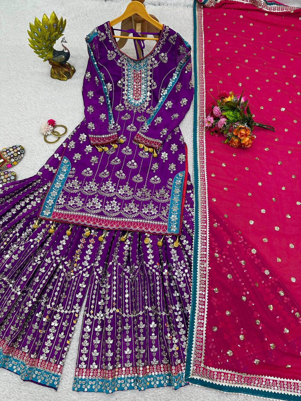 Wedding Wear Purple Color Thread Sequence Work Georgette Sharara Suit