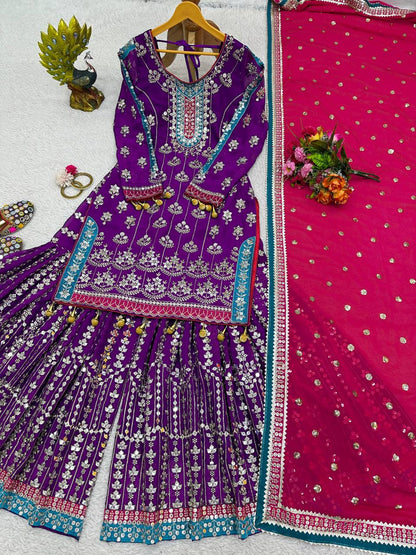 Wedding Wear Purple Color Thread Sequence Work Georgette Sharara Suit