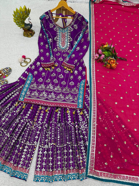 Wedding Wear Purple Color Thread Sequence Work Georgette Sharara Suit