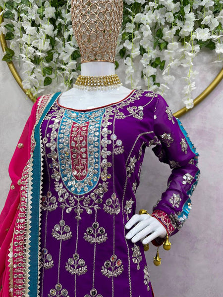 Wedding Wear Purple Color Thread Sequence Work Georgette Sharara Suit