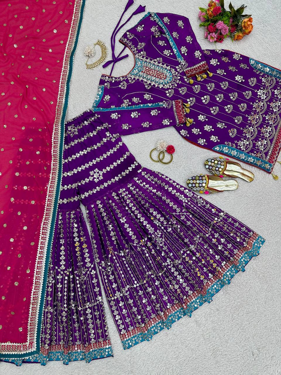 Wedding Wear Purple Color Thread Sequence Work Georgette Sharara Suit