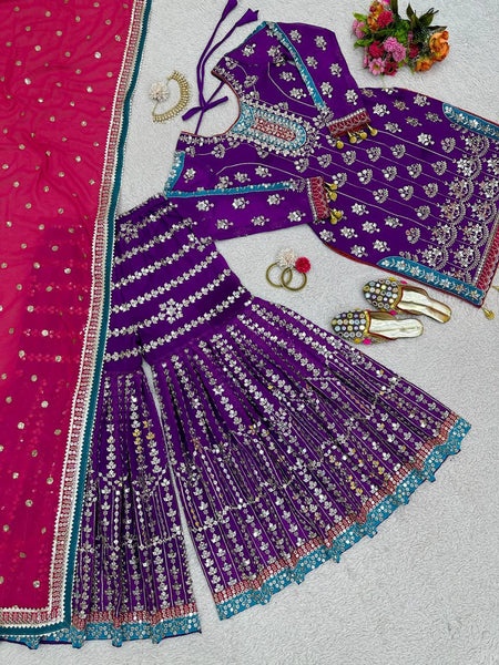 Wedding Wear Purple Color Thread Sequence Work Georgette Sharara Suit