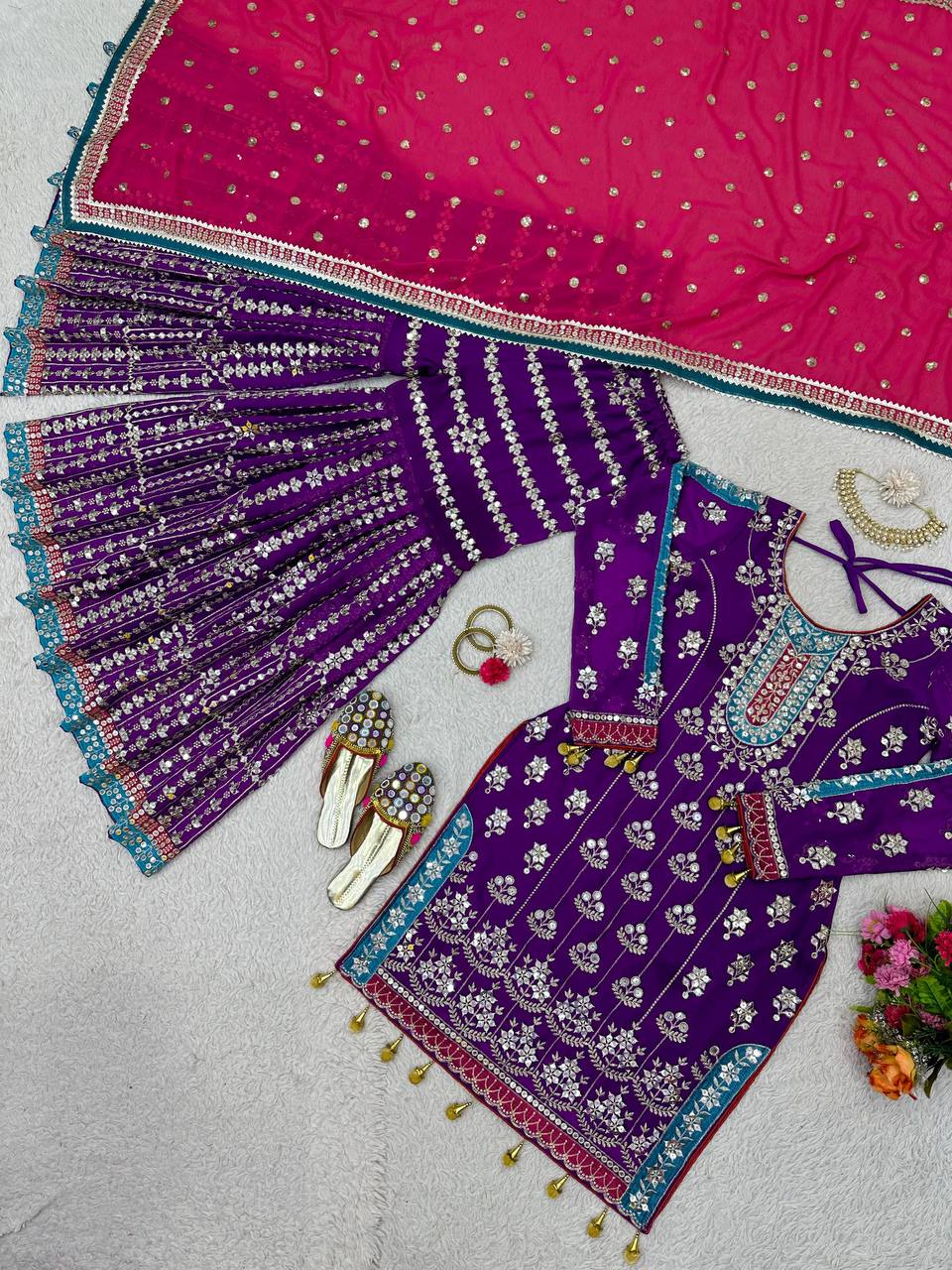 Wedding Wear Purple Color Thread Sequence Work Georgette Sharara Suit