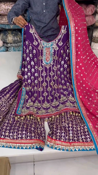 Wedding Wear Purple Color Thread Sequence Work Georgette Sharara Suit