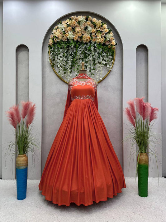 Party Wear Orange Color Maslin Sequence Thread Work Gown Dupatta