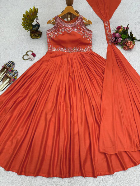 Party Wear Orange Color Maslin Sequence Thread Work Gown Dupatta