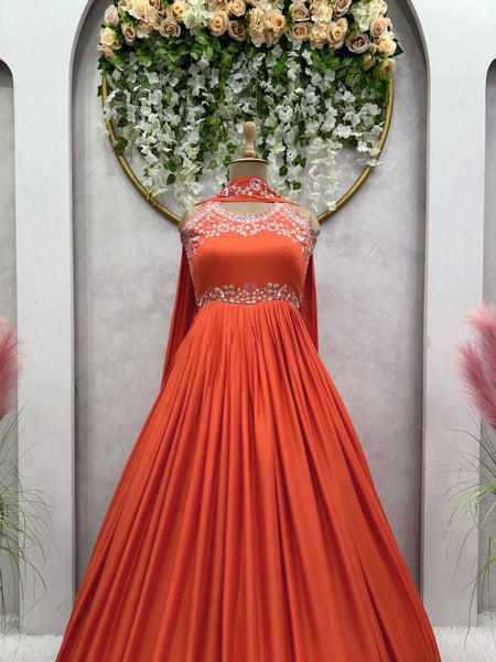 Party Wear Orange Color Maslin Sequence Thread Work Gown Dupatta