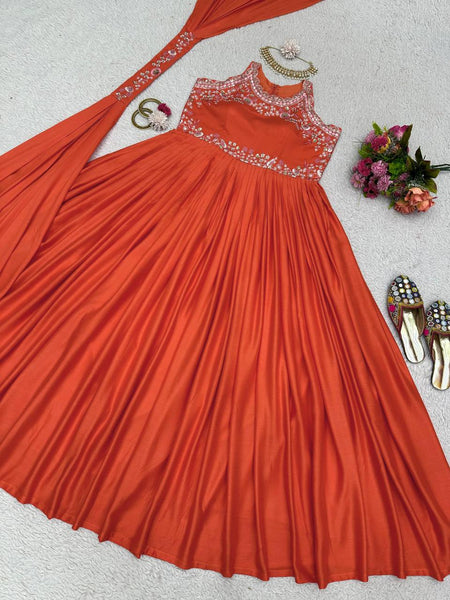 Party Wear Orange Color Maslin Sequence Thread Work Gown Dupatta