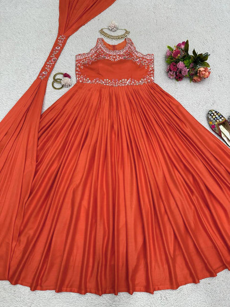 Party Wear Orange Color Maslin Sequence Thread Work Gown Dupatta