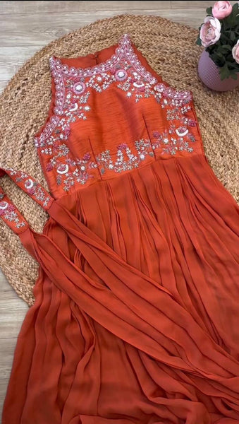 Party Wear Orange Color Maslin Sequence Thread Work Gown Dupatta