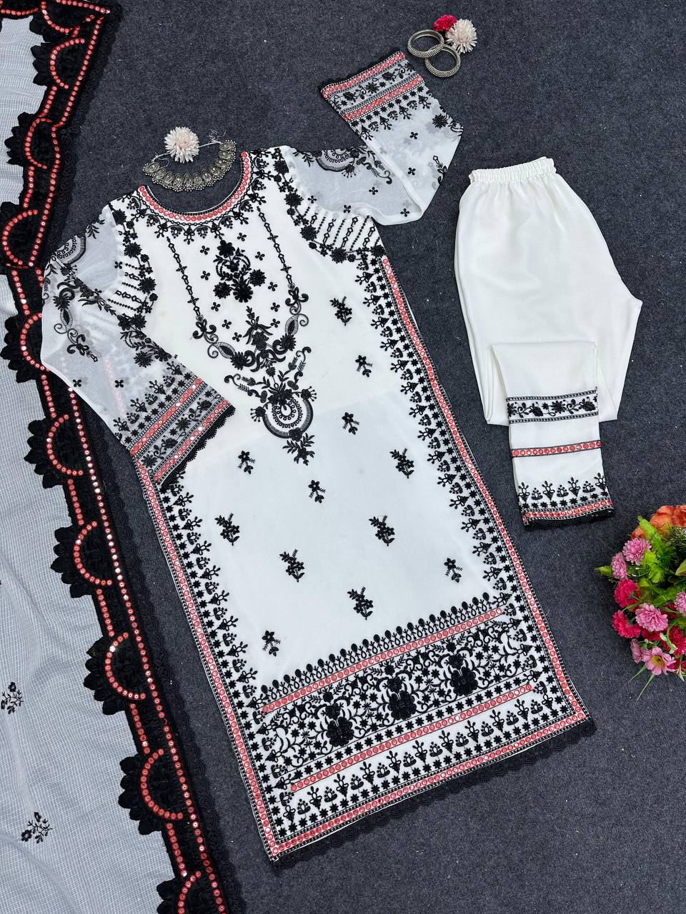 Beautiful White Color Georgette Sequence Thread Work Salwar Suit