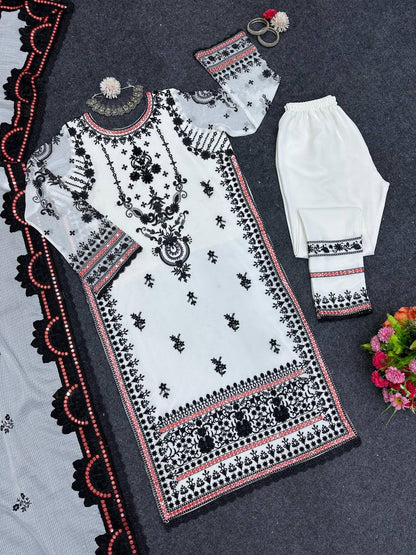 Beautiful White Color Georgette Sequence Thread Work Salwar Suit