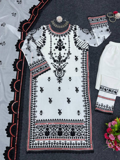 Beautiful White Color Georgette Sequence Thread Work Salwar Suit