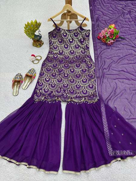 Violet Color Designer Georgette Sequence Ready Made Sharara Suit