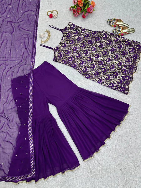 Violet Color Designer Georgette Sequence Ready Made Sharara Suit