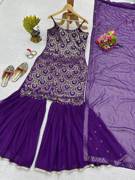 Violet Color Designer Georgette Sequence Ready Made Sharara Suit