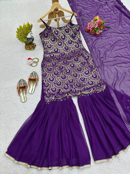 Violet Color Designer Georgette Sequence Ready Made Sharara Suit