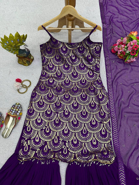 Violet Color Designer Georgette Sequence Ready Made Sharara Suit