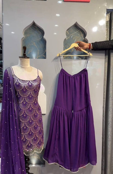 Violet Color Designer Georgette Sequence Ready Made Sharara Suit