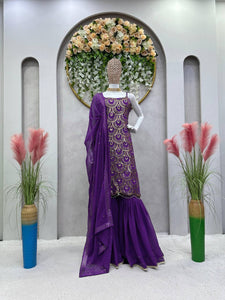 Violet Color Designer Georgette Sequence Ready Made Sharara Suit