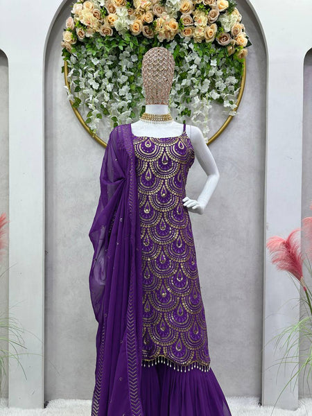 Violet Color Designer Georgette Sequence Ready Made Sharara Suit