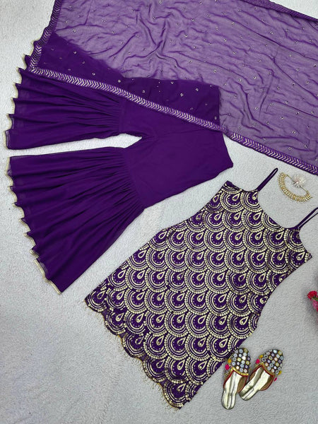 Violet Color Designer Georgette Sequence Ready Made Sharara Suit